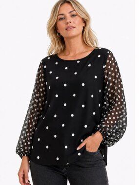 La Bella Black & White Polka Dot Blouse Size XL Sheer Sleeve Top